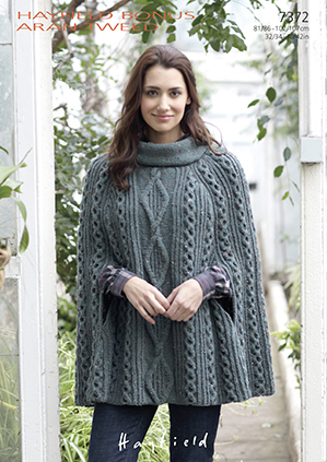 Hayfield 7372 Knitted Cape in Aran (#4) weight yarn. For adults in several sizes.